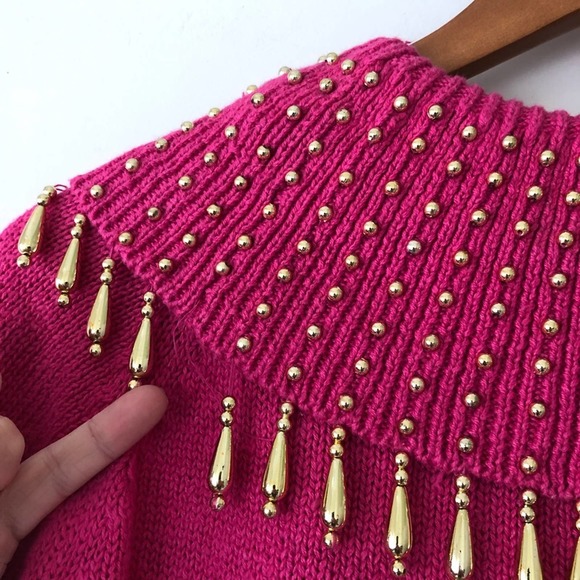 Vintage 80s Barbie Hot Pink Sweater Gold Embellished Tassels Cervelle Large - Picture 7 of 9